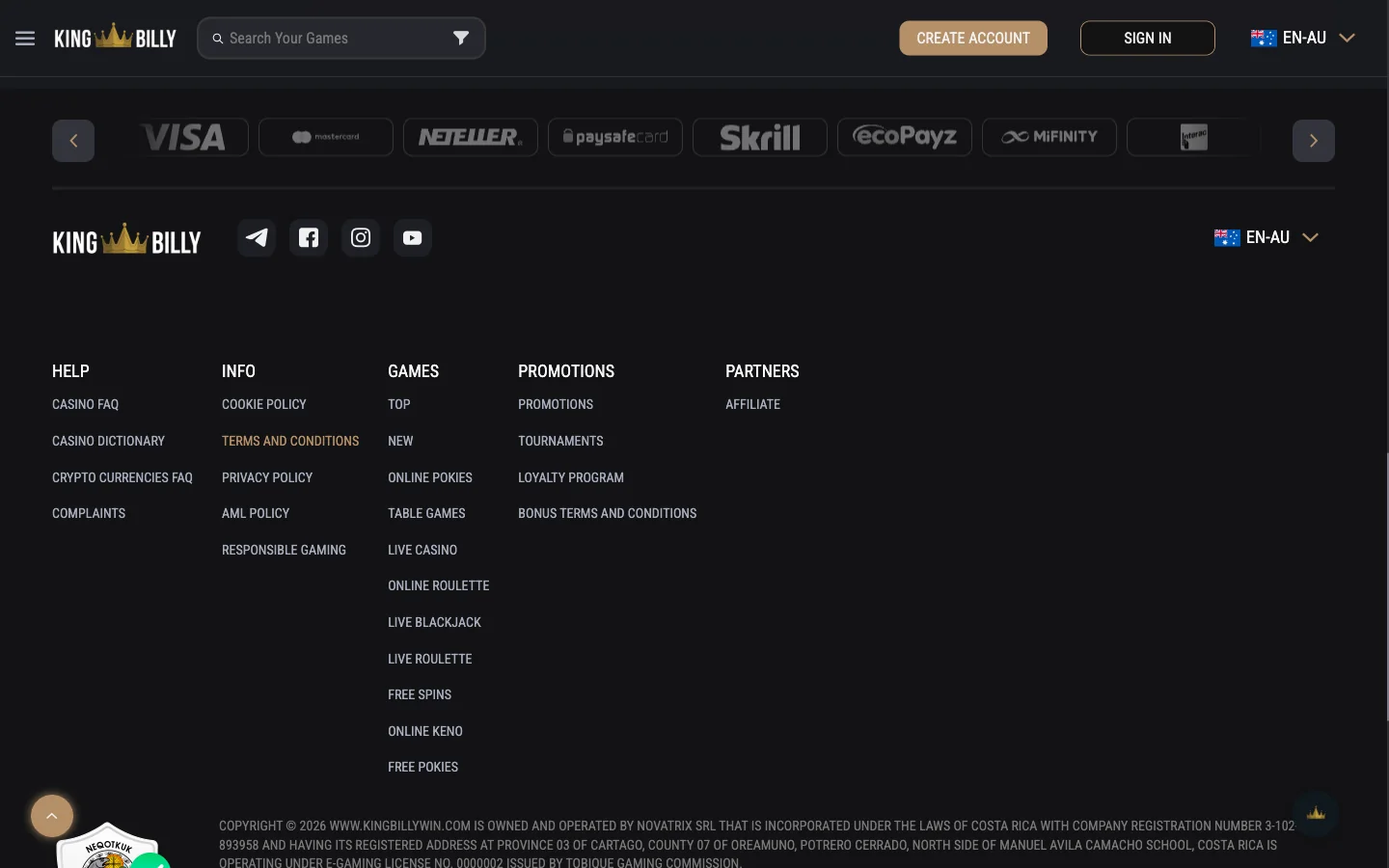 King Billy Casino payment methods carousel showing the deposit and withdrawal options shown to Australian players