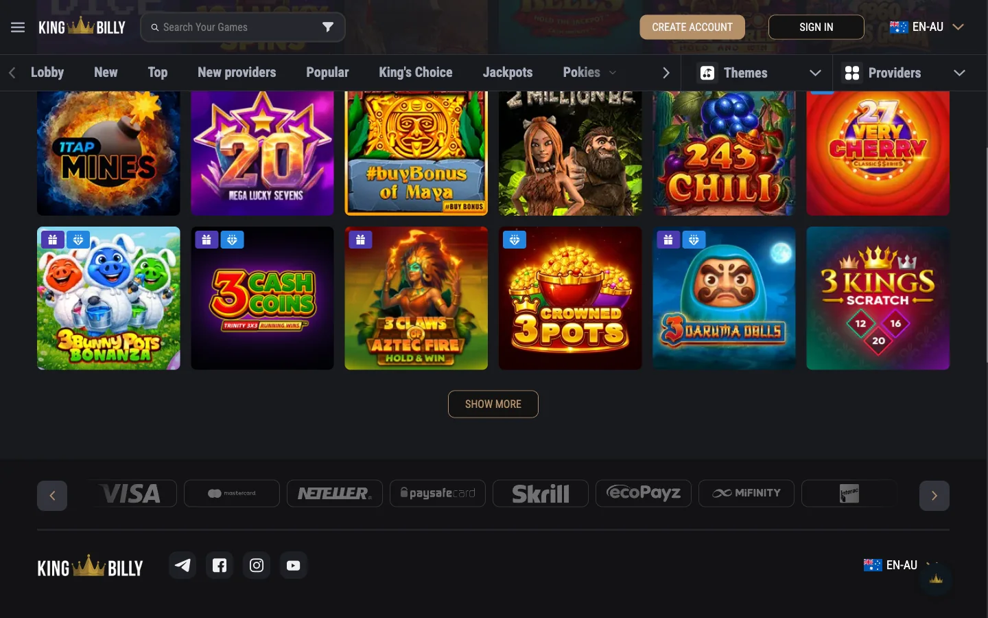 King Billy Casino pokies lobby and category rail as Australian players see it