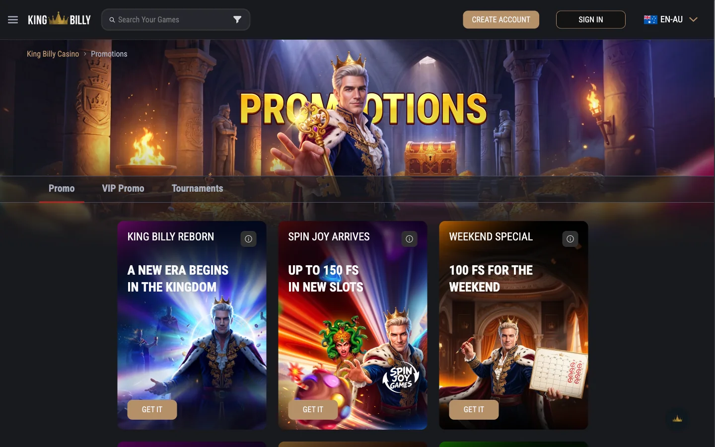 King Billy Casino promotions page with the welcome pack tiles for Australian players